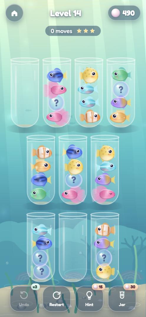 A game in progress: jars full of fish to sort