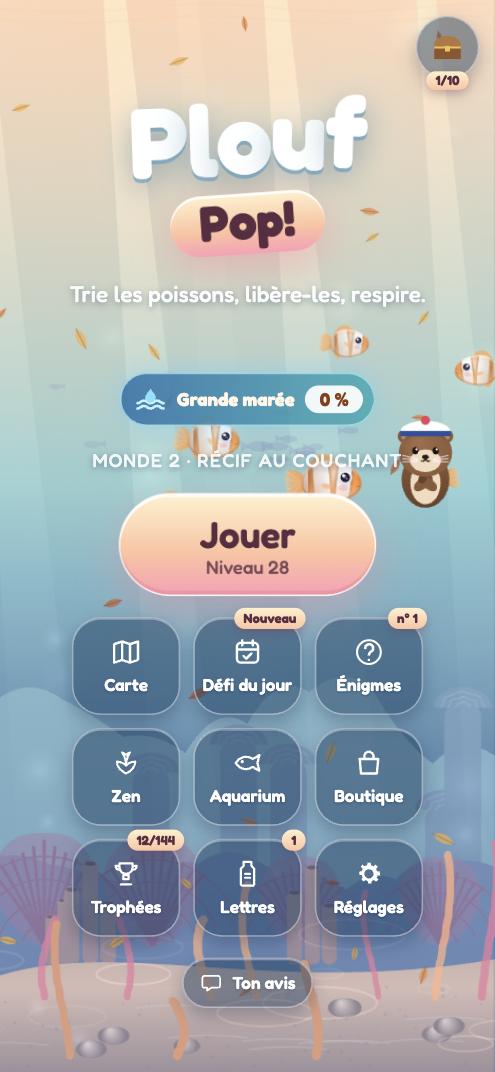 L’écran d’accueil de Plouf Pop!